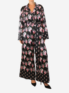 Black and pink belted floral jumpsuit - size UK 14