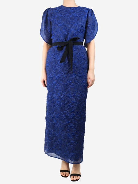 Blue organza cloque belted midi dress - size UK 12 product image
