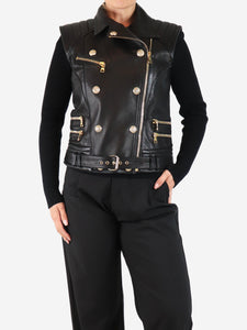 Balmain Black leather biker vest jacket - size UK 14