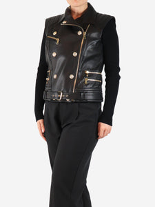 Balmain Black leather biker vest jacket - size UK 14