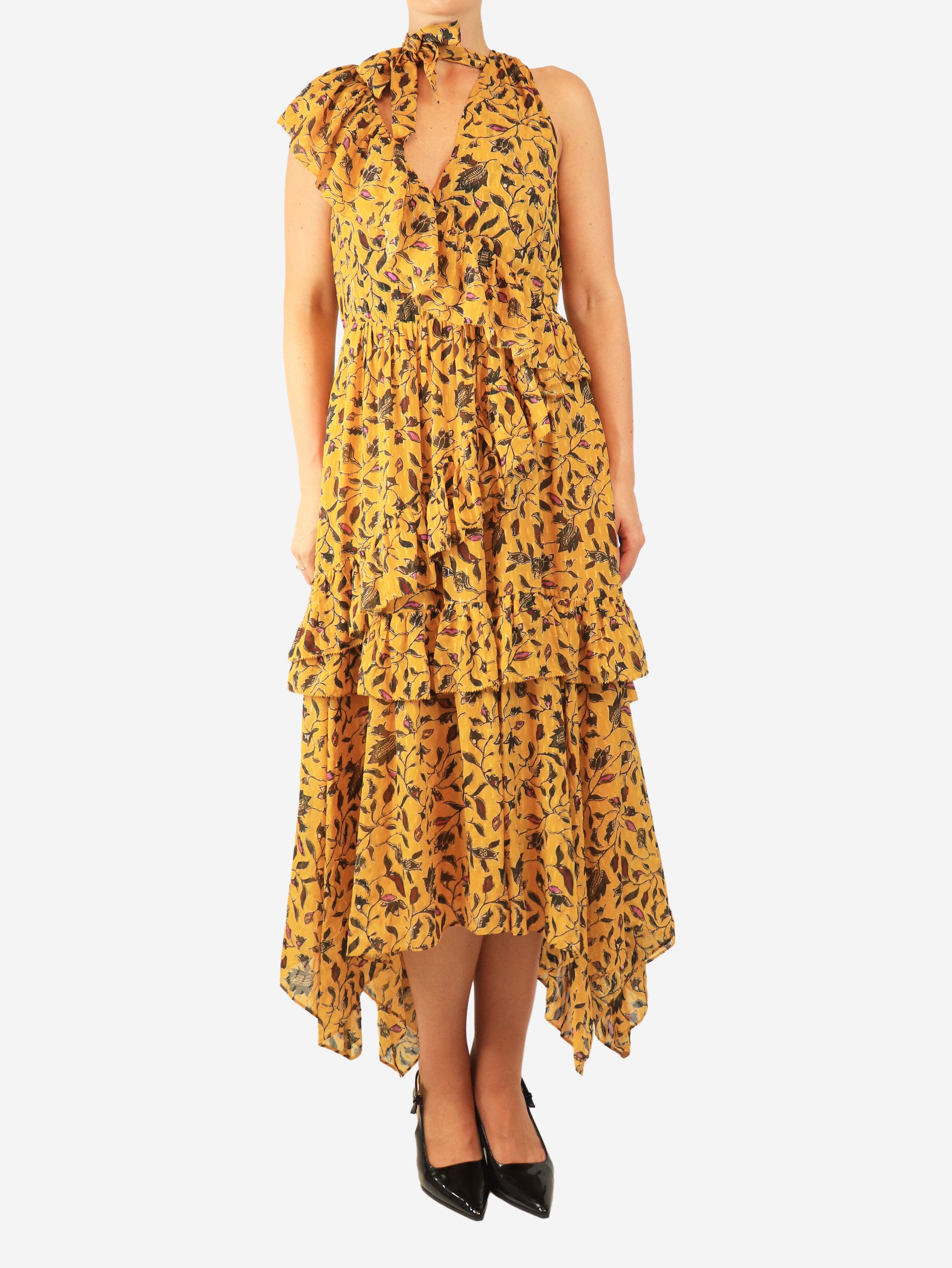 Yellow floral print frill maxi dress - size UK 14 Dresses Ulla Johnson 