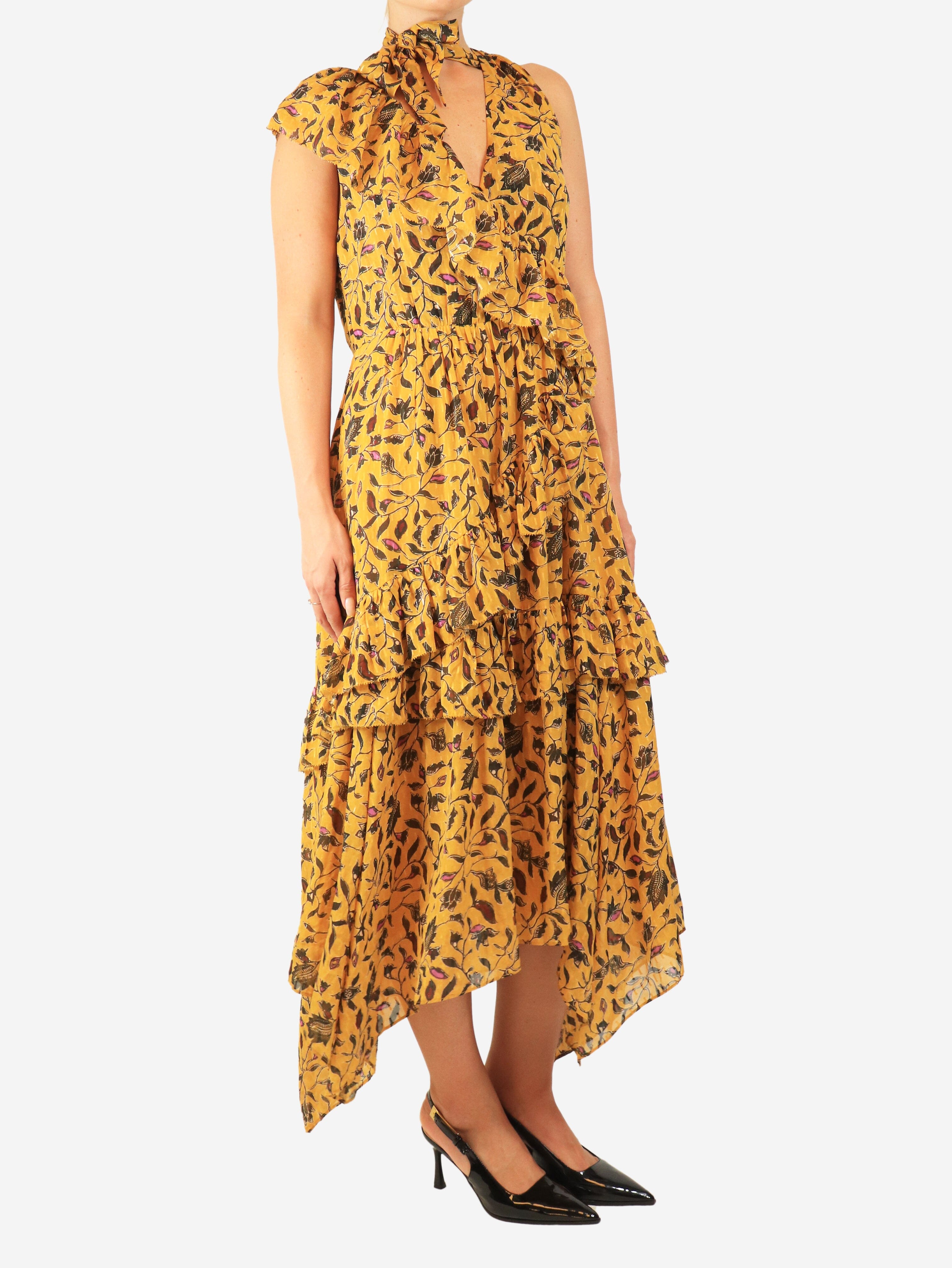 Yellow floral print frill maxi dress - size UK 14 Dresses Ulla Johnson 