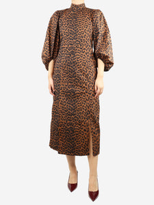 Ganni Brown leopard-print puff-sleeved midi dress - size UK 8