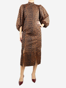 Ganni Brown leopard-print puff-sleeved midi dress - size UK 8