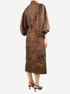 Ganni Brown leopard-print puff-sleeved midi dress - size UK 8