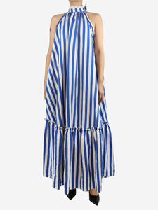 Loretta Caponi Blue Melinda ruched tiered striped metallic twill maxi dress - size XS