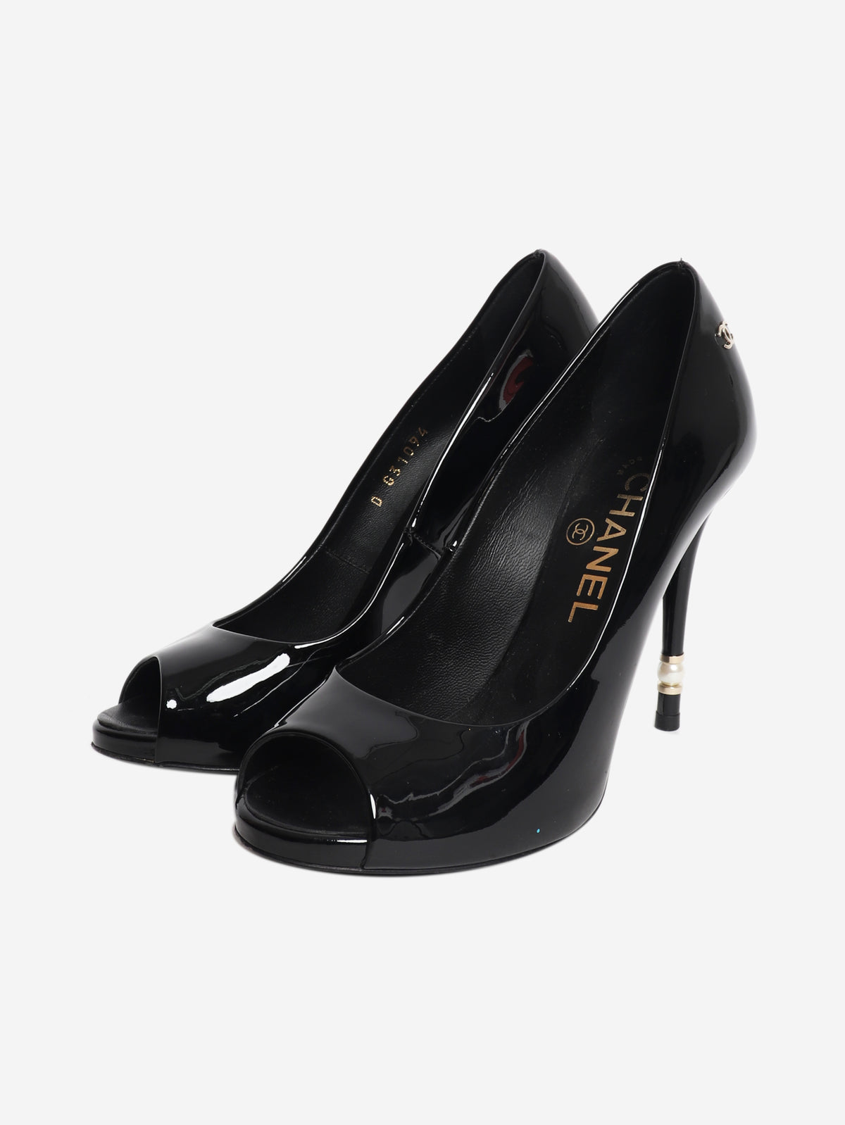 Black patent leather open-toe pearl detail heels - size EU 36