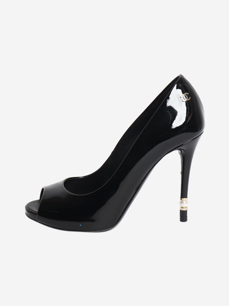 Black patent leather open-toe pearl detail heels - size EU 36