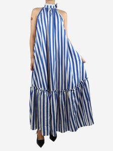 Loretta Caponi Blue Melinda ruched tiered striped metallic twill maxi dress - size XS