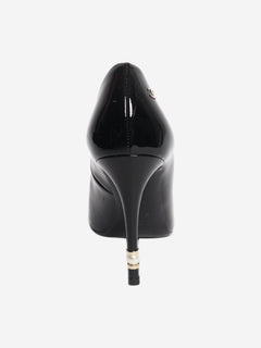 Black patent leather open-toe pearl detail heels - size EU 36