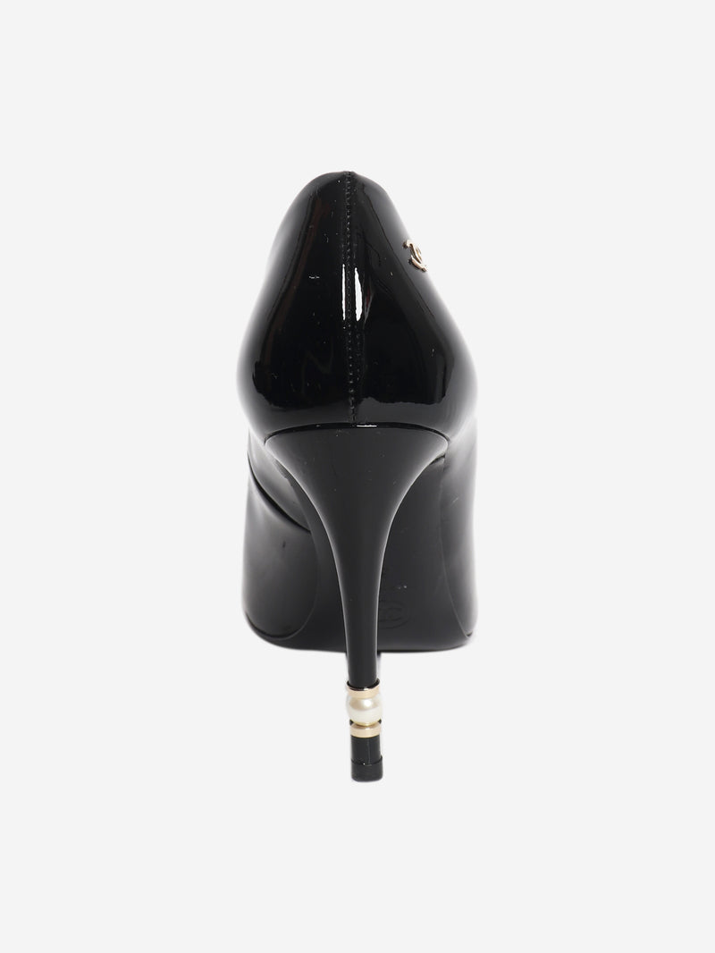 Black patent leather open-toe pearl detail heels - size EU 36