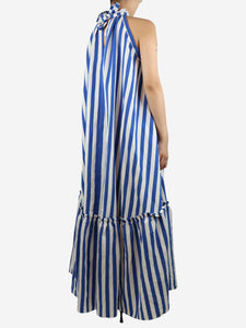 Loretta Caponi Blue Melinda ruched tiered striped metallic twill maxi dress - size XS