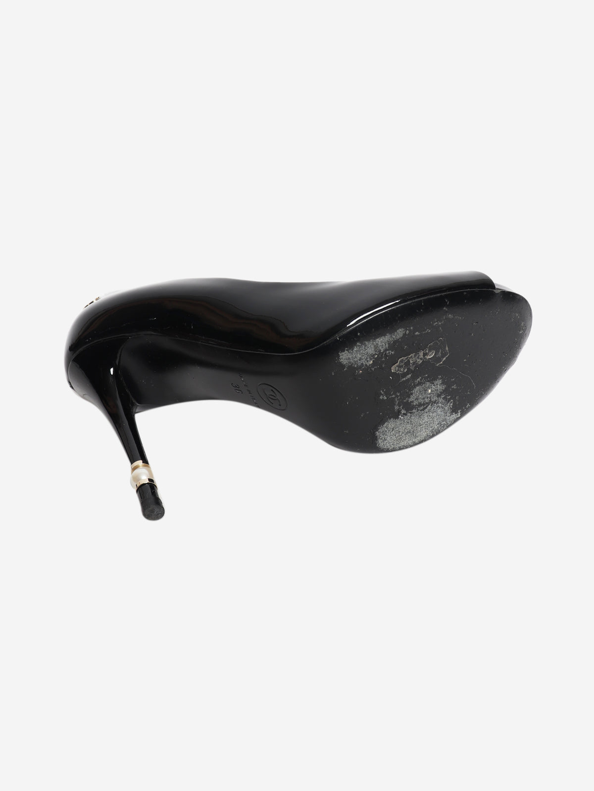 Black patent leather open-toe pearl detail heels - size EU 36