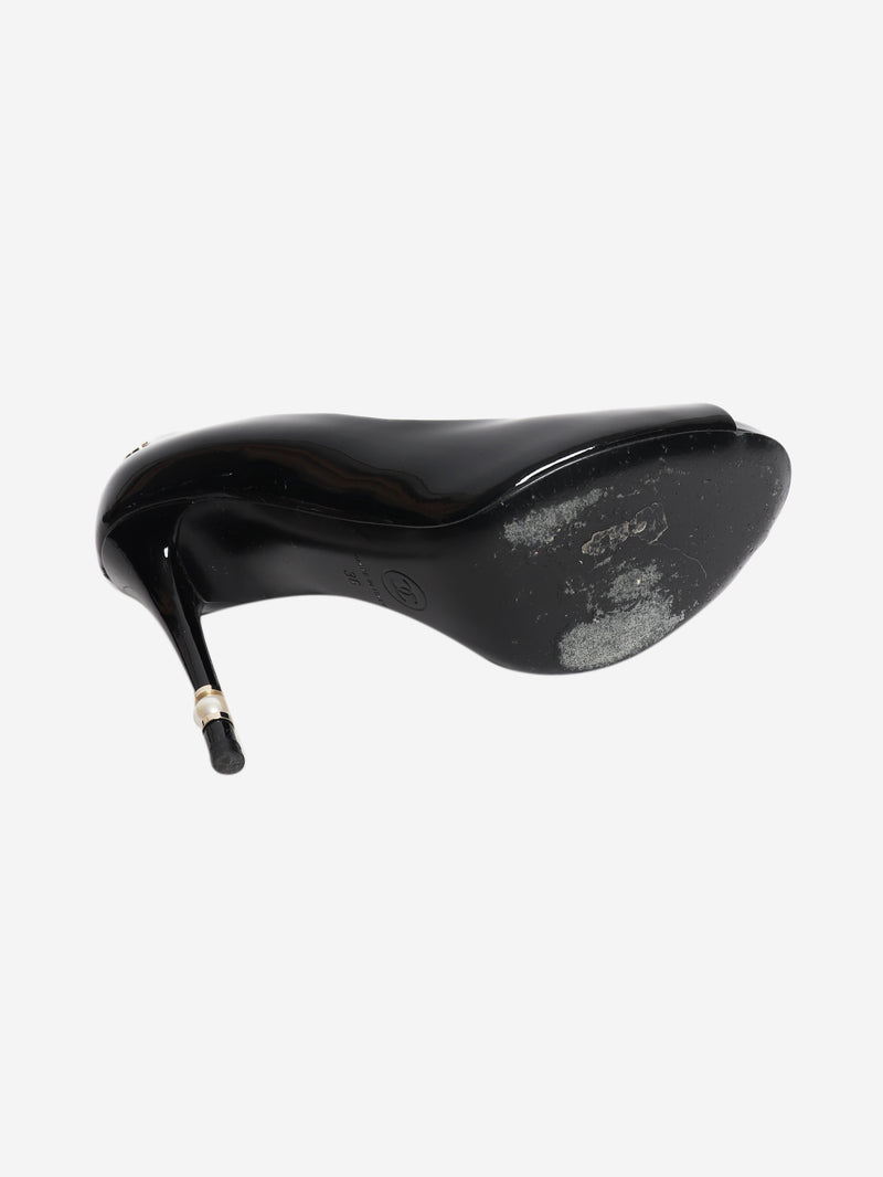 Black patent leather open-toe pearl detail heels - size EU 36