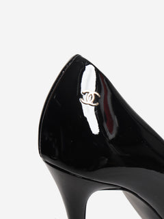 Black patent leather open-toe pearl detail heels - size EU 36