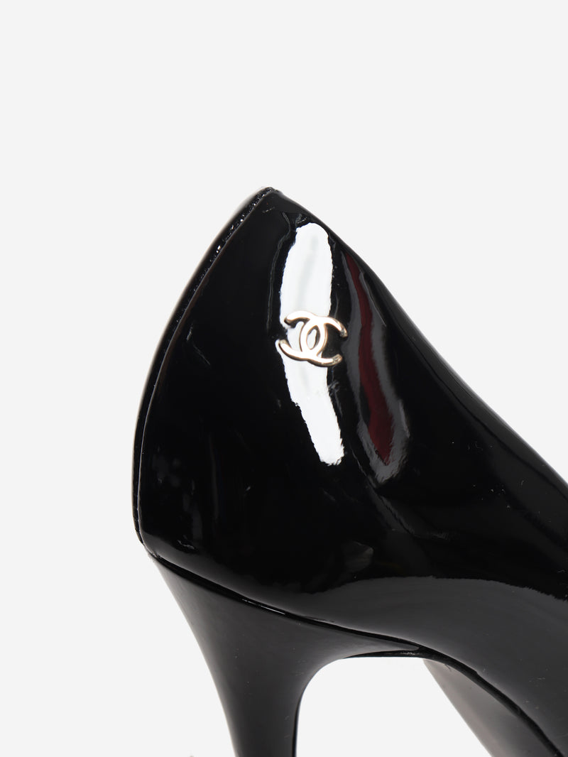 Black patent leather open-toe pearl detail heels - size EU 36