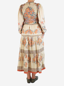 Sea New York Neutral shirred floral midi dress - size XS