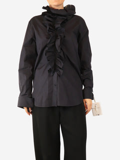 Navy cotton frill shirt - size UK 10