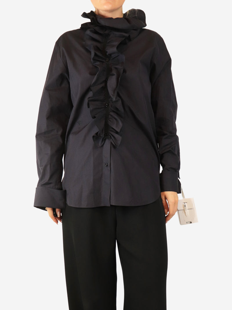 Navy cotton frill shirt - size UK 10