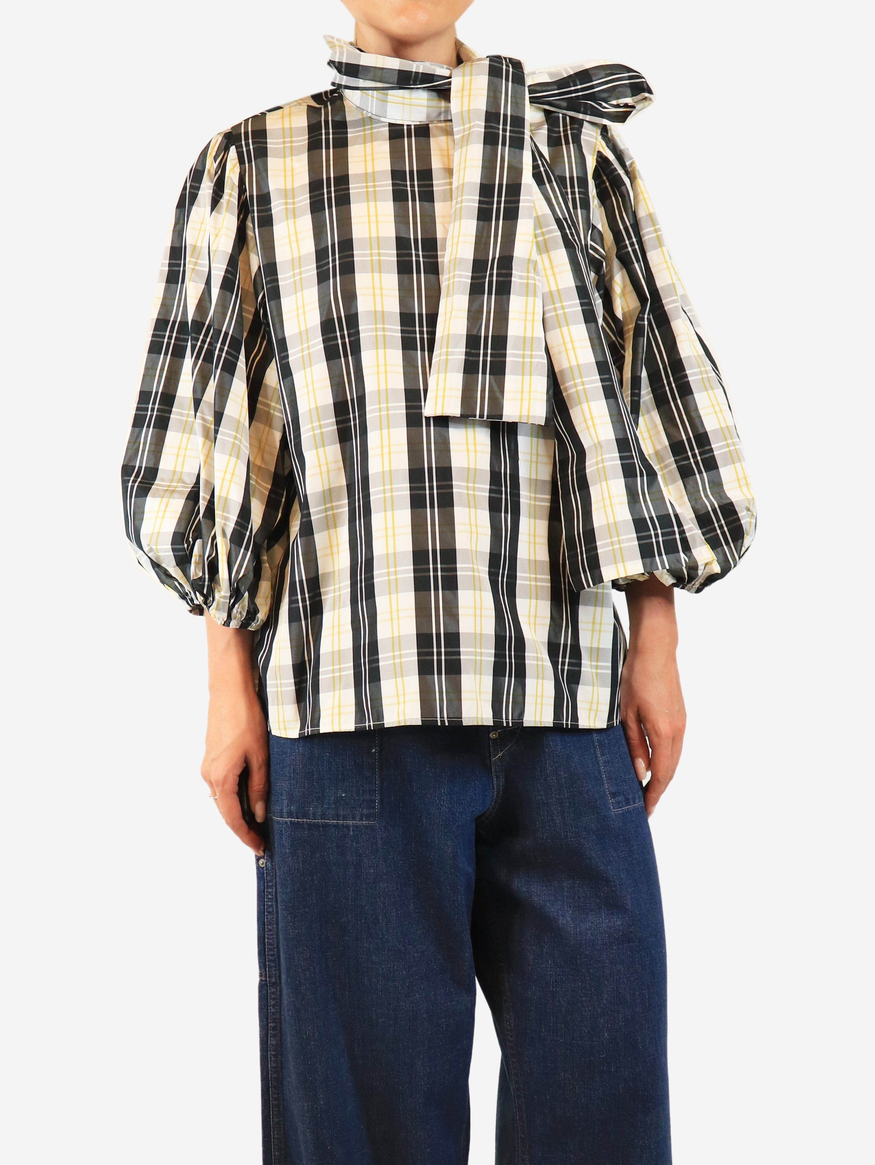 Black and white check puff-sleeve blouse - size UK 14 Tops Red Valentino 