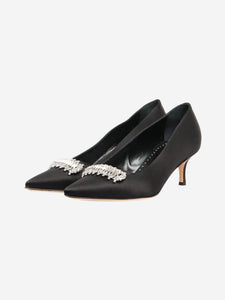 Manolo Blahnik Black bejewelled satin kitten-heel pumps - size EU 36