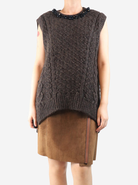 Brown beaded sleeveless chunky knit top - size L product image