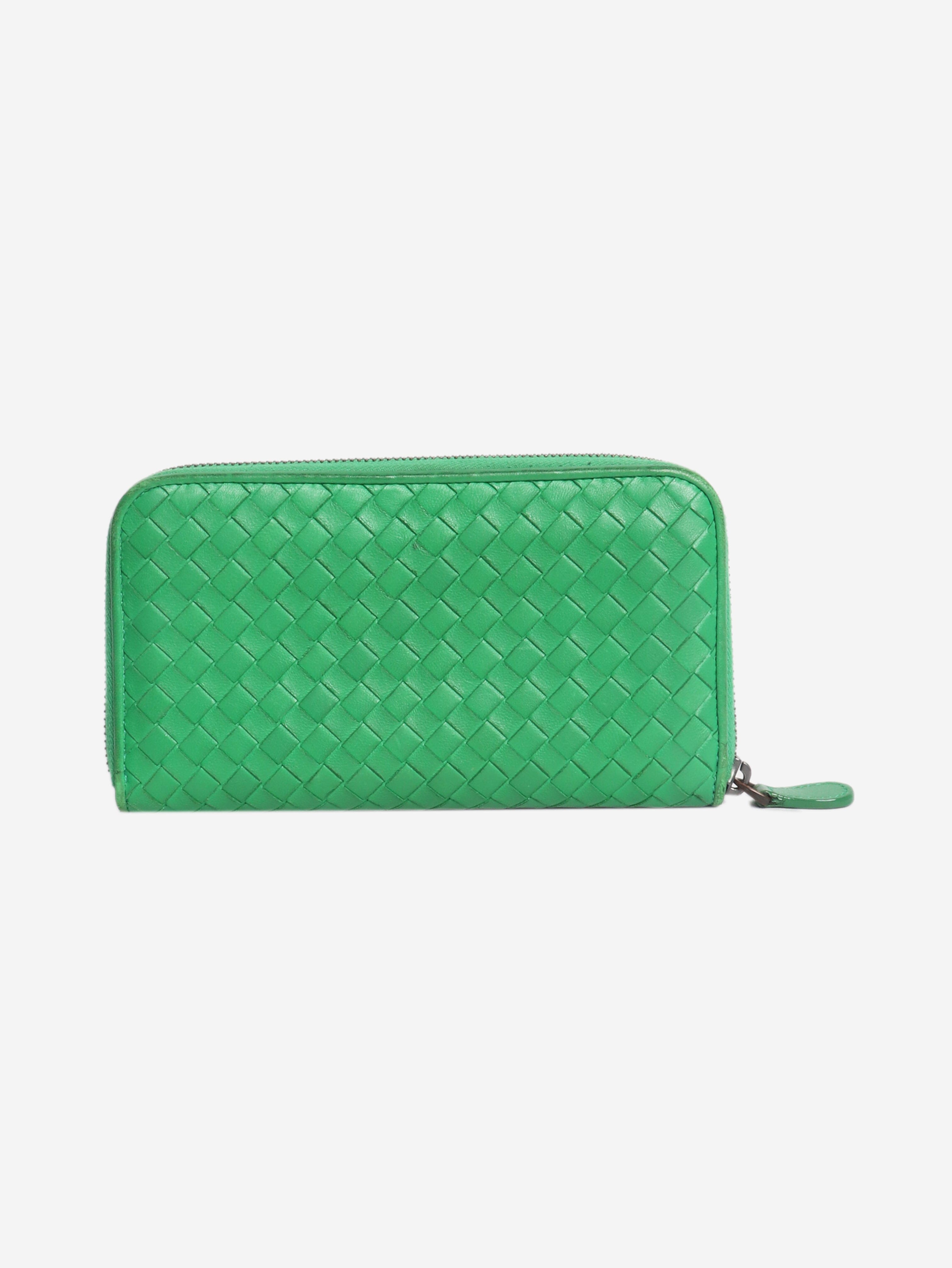 Green Intrecciato leather zip wallet