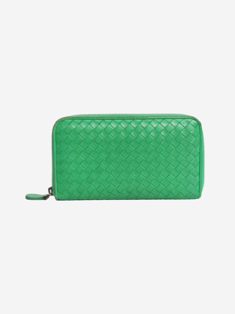 Green Intrecciato leather zip wallet