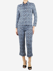 Prada Blue crepe printed shirt and trousers set - size UK 8