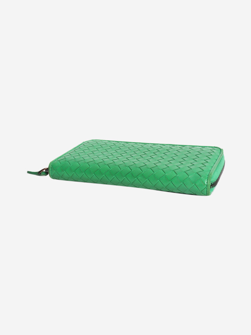 Green Intrecciato leather zip wallet