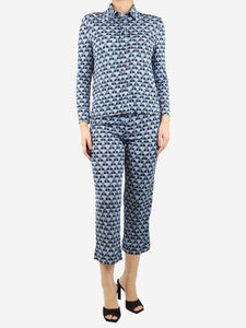 Prada Blue crepe printed shirt and trousers set - size UK 8