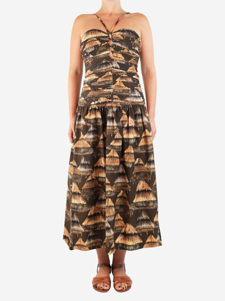 Brown printed halterneck midi dress - size S product image