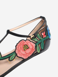 Gucci Black floral embroidered flat sandals - size EU 39