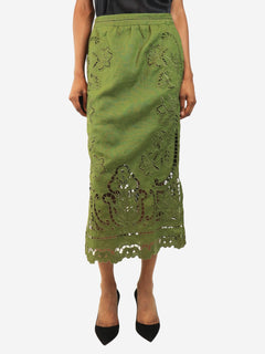 Green broderie-anglaise linen midi skirt - size XS Skirts Farm Rio 