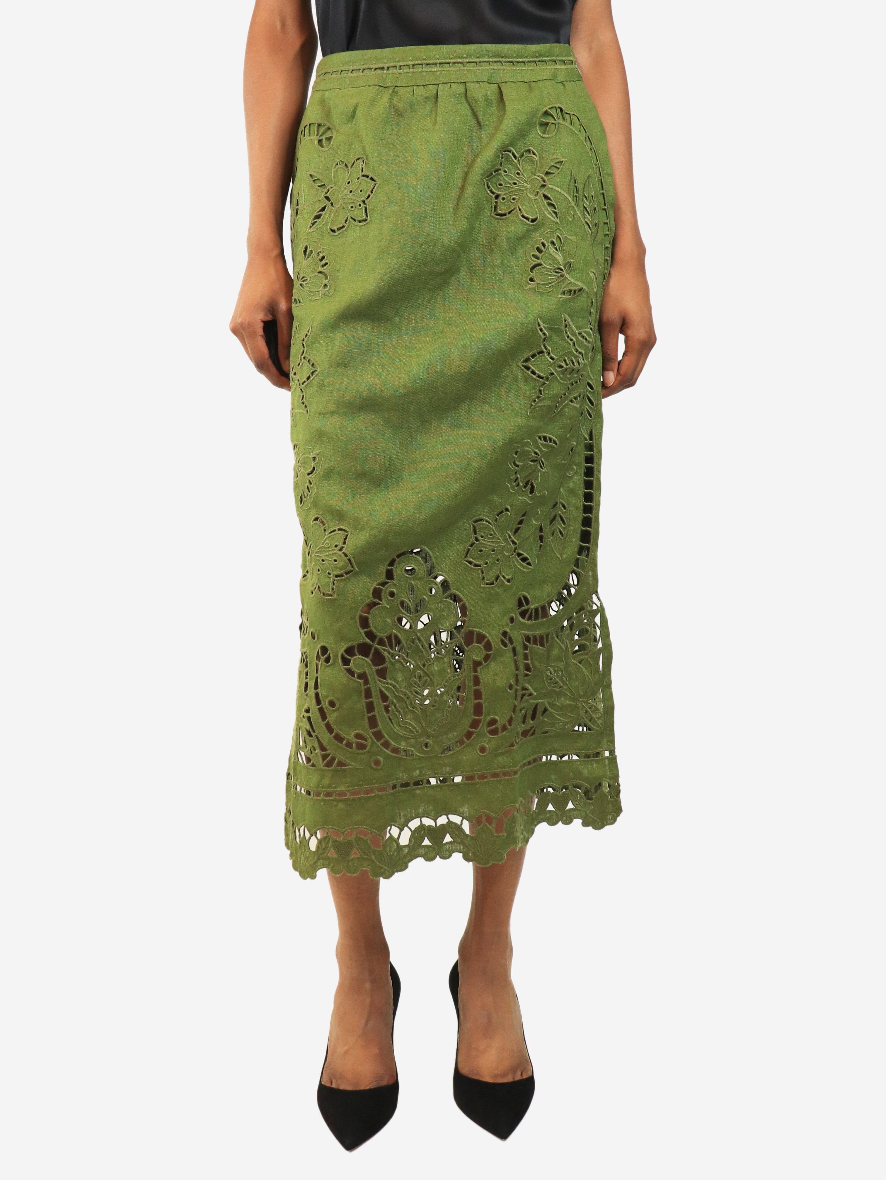 Green broderie-anglaise linen midi skirt - size XS Skirts Farm Rio 