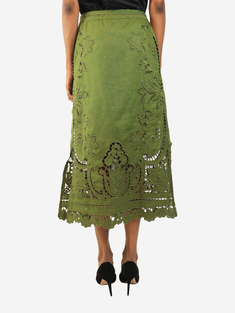 Green broderie-anglaise linen midi skirt - size XS Skirts Farm Rio 