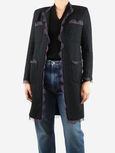 Chanel Black lace-trim tweed coat - size UK 8