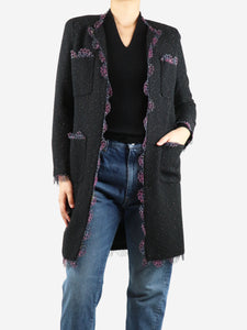 Chanel Black lace-trim tweed coat - size UK 8