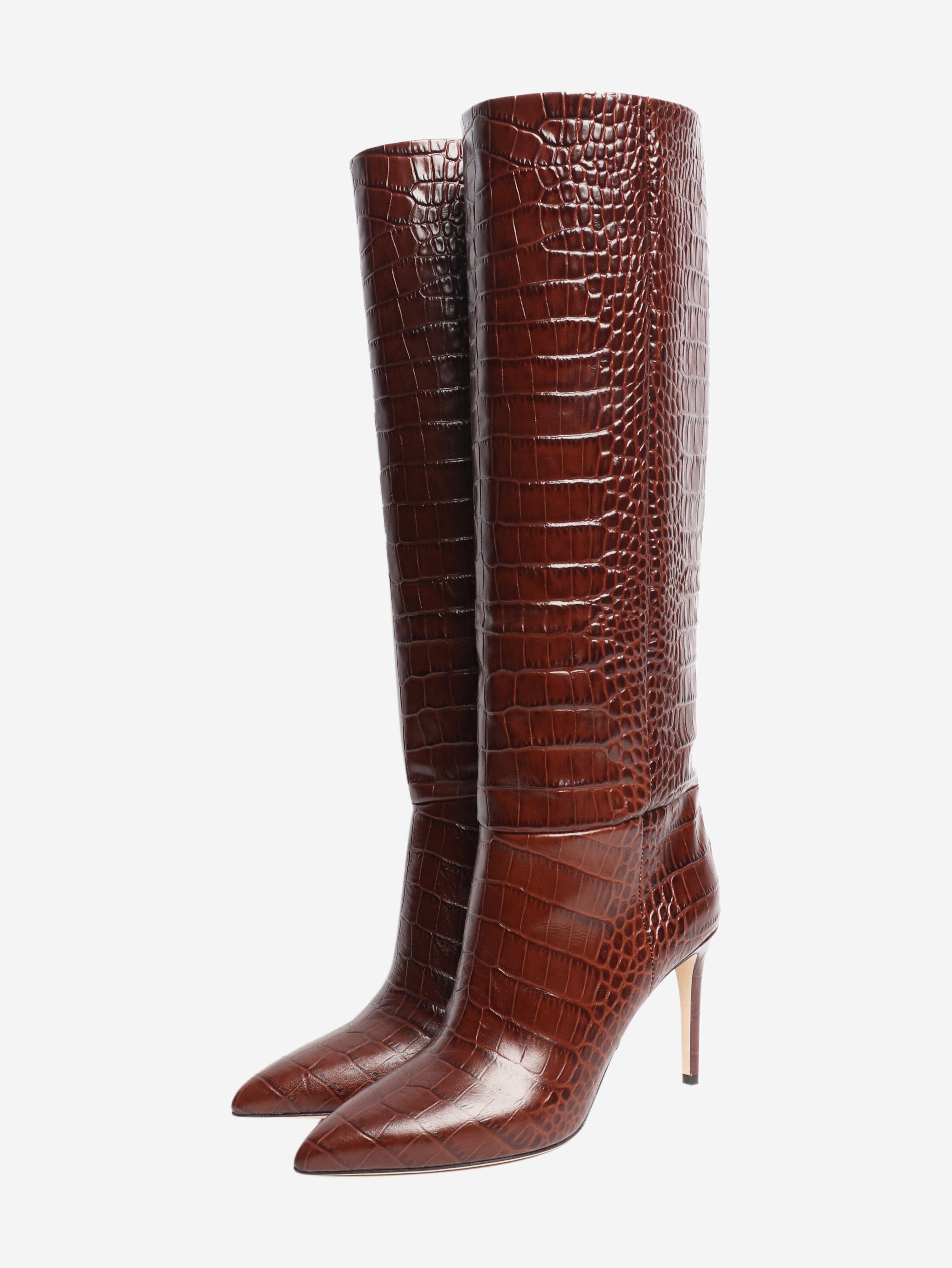Brown croc-embossed knee-high stiletto boots - size EU 38 Boots Paris Texas 