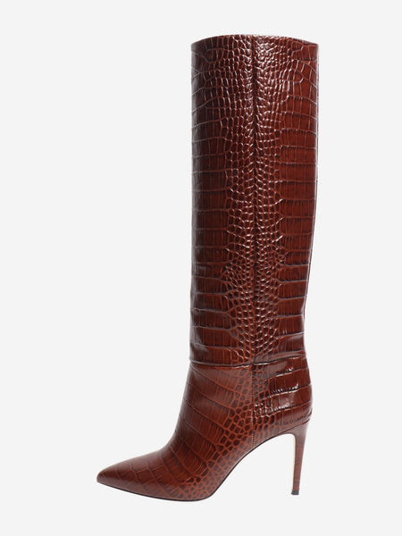 Brown croc-embossed knee-high stiletto boots - size EU 38 product image