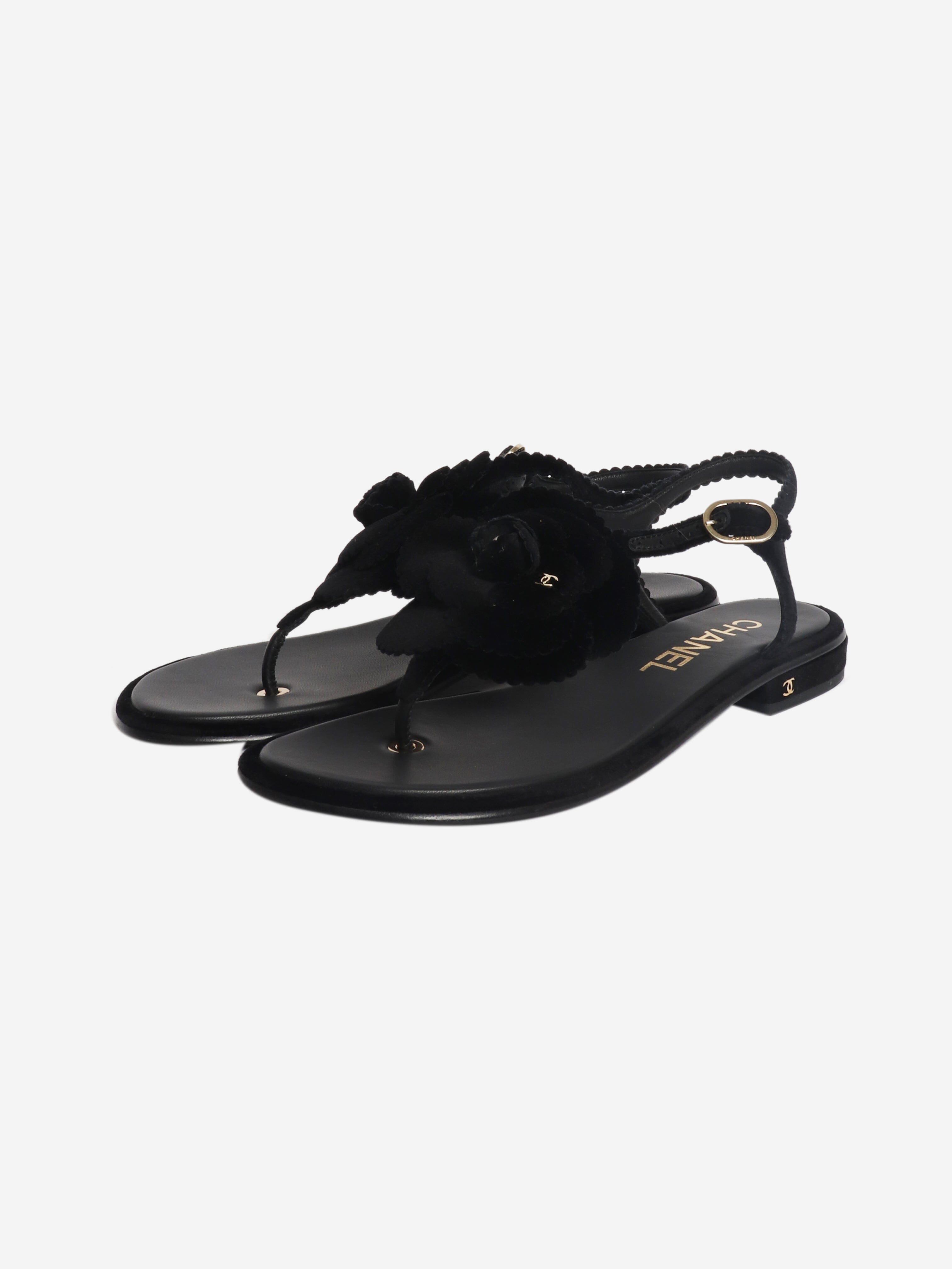 Black velvet Camellia thong sandals - size EU 38 Flat Sandals Chanel 