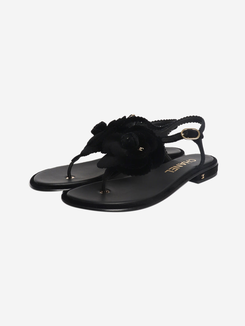 Black velvet Camellia thong sandals - size EU 38 Flat Sandals Chanel 