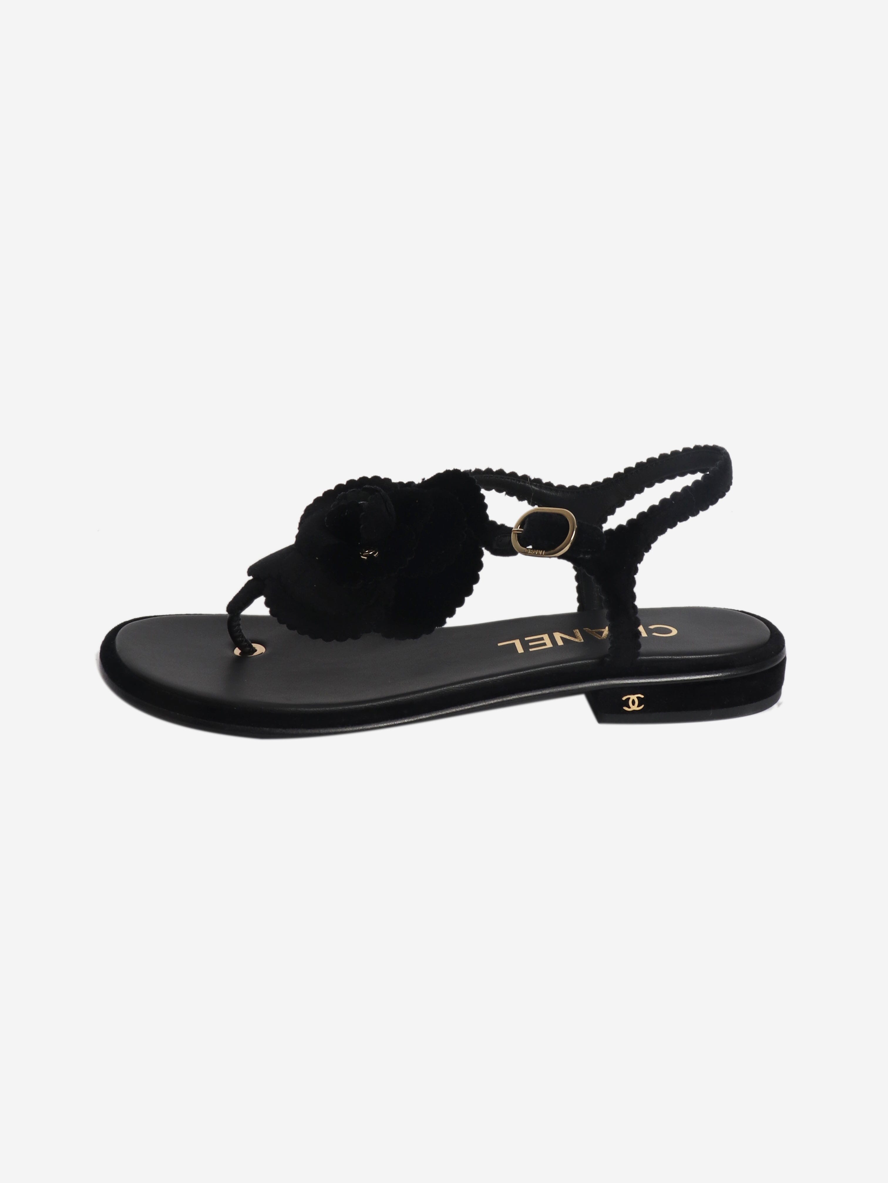 Black velvet Camellia thong sandals - size EU 38 Flat Sandals Chanel 