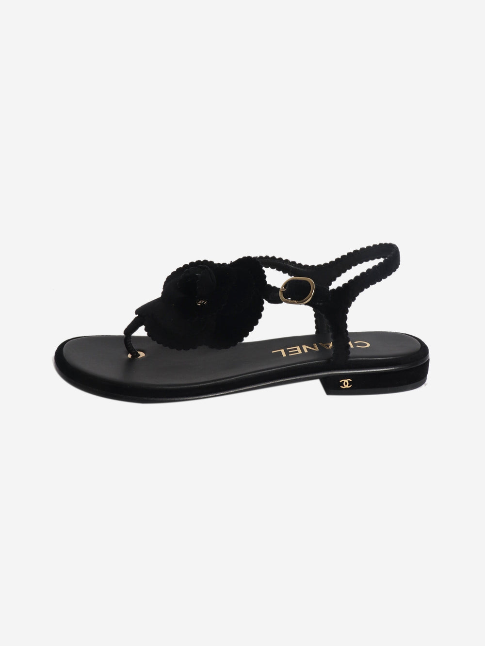 Black velvet Camellia thong sandals - size EU 38 Flat Sandals Chanel 