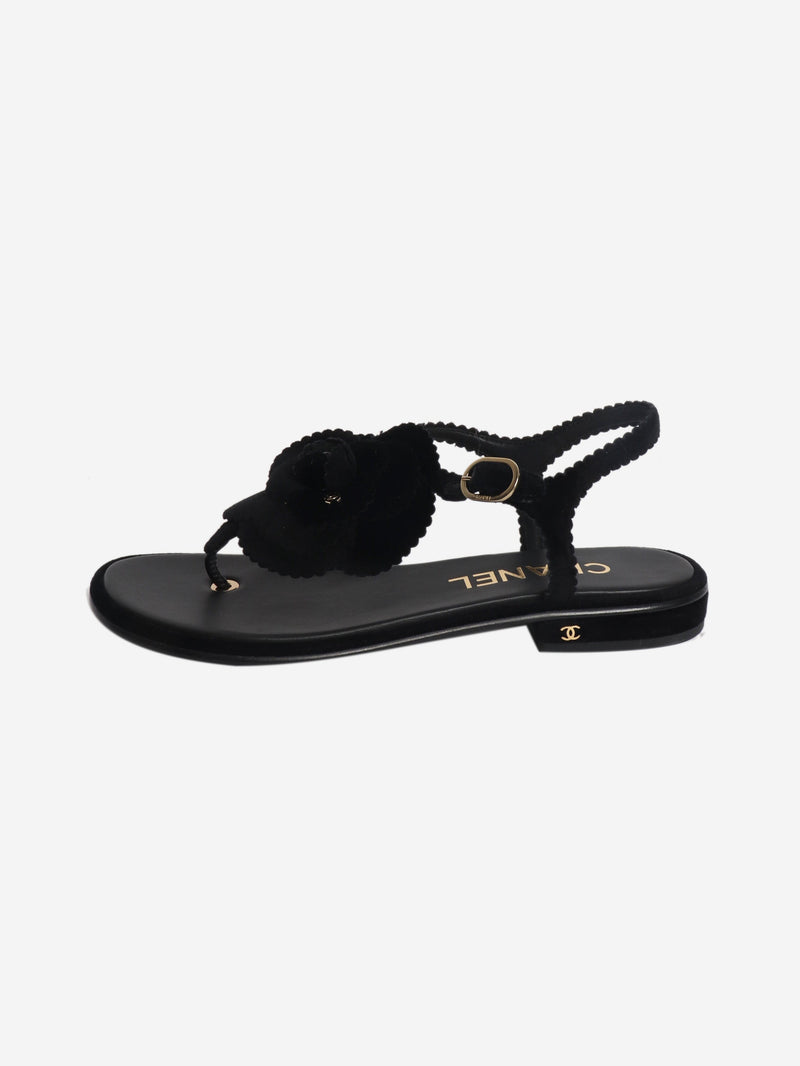 Black velvet Camellia thong sandals - size EU 38 Flat Sandals Chanel 