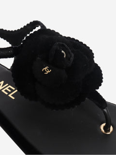 Black velvet Camellia thong sandals - size EU 38 Flat Sandals Chanel 
