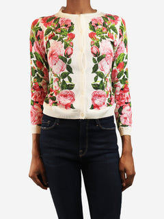 Pink and white rose print knit cardigan - size XS
