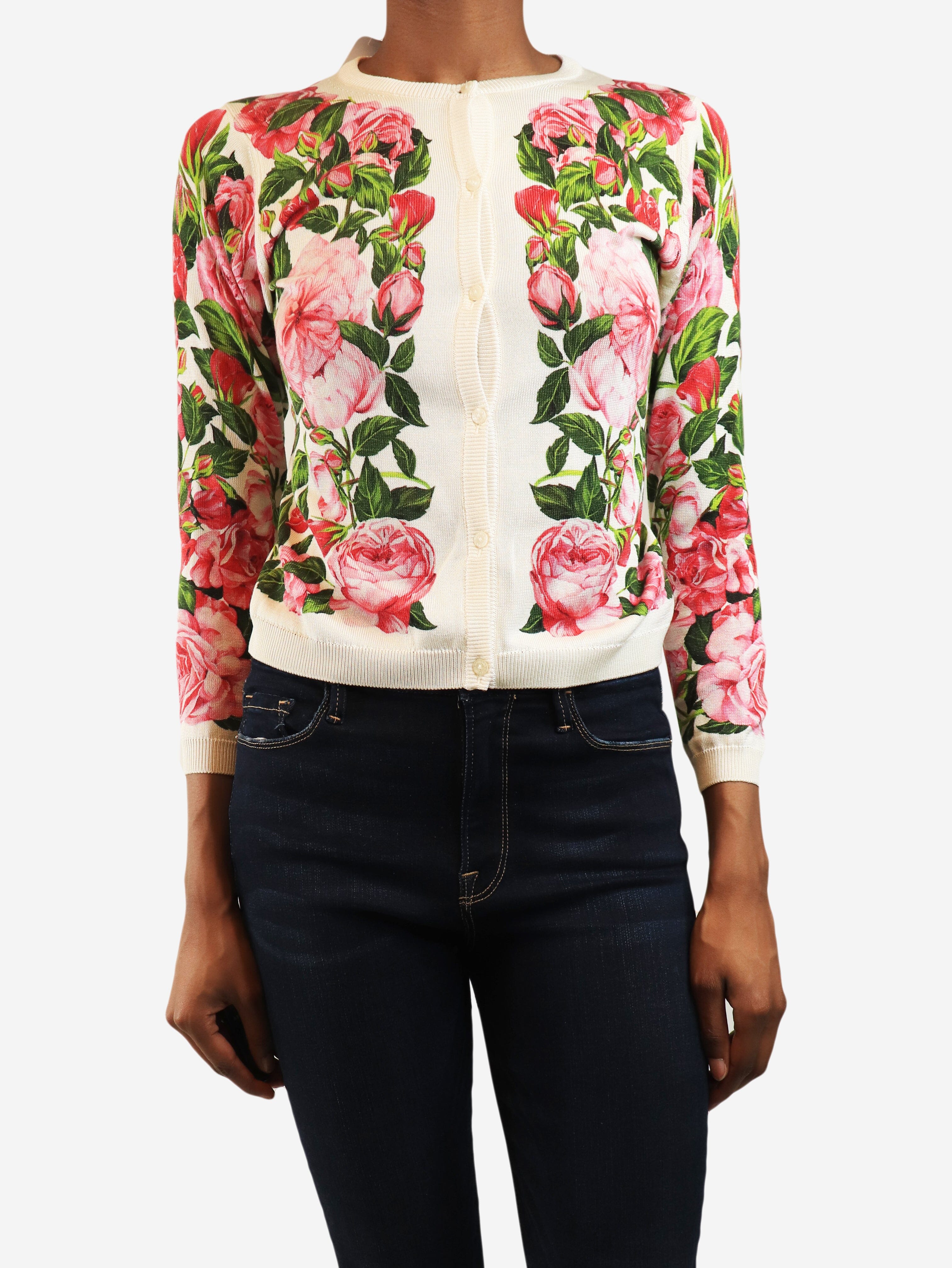 Pink and white rose print knit cardigan - size XS