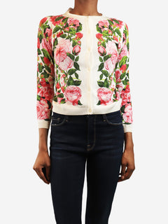 Pink and white rose print knit cardigan - size XS