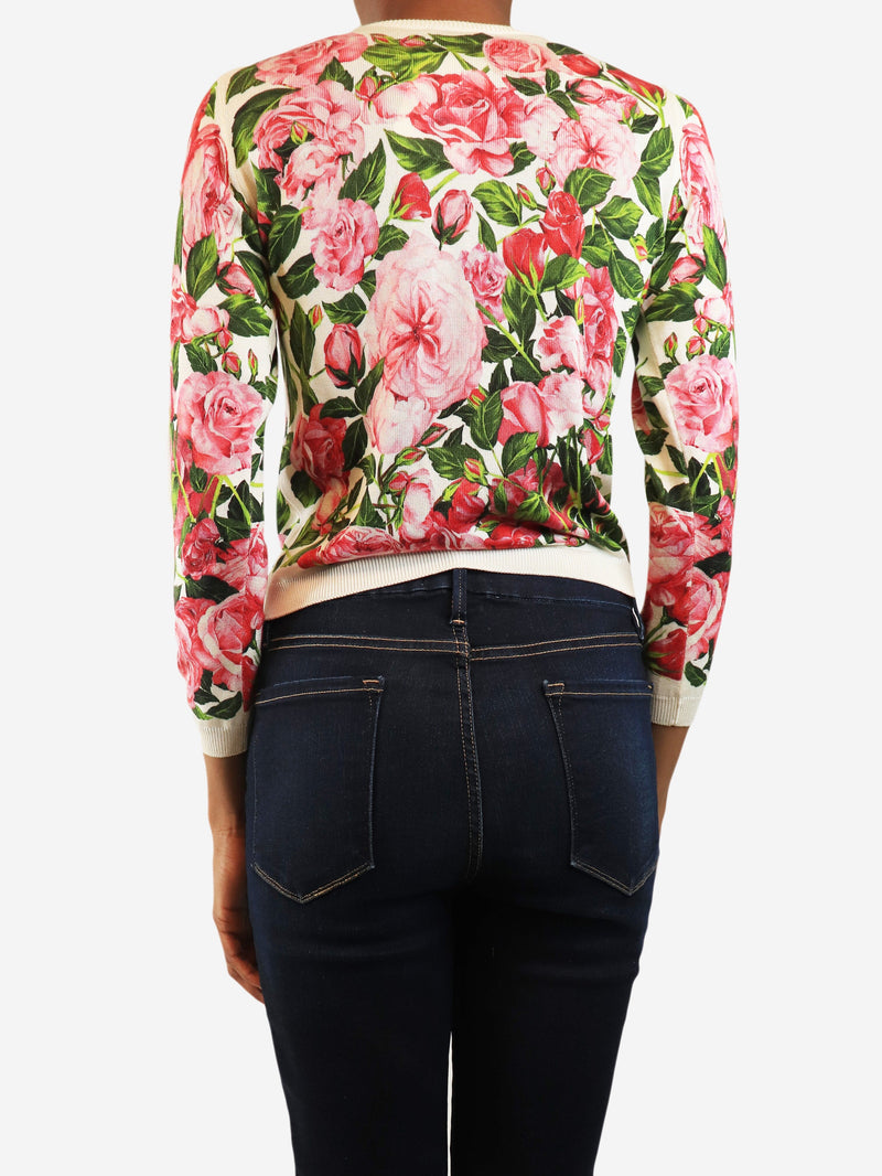 Pink and white rose print knit cardigan - size XS